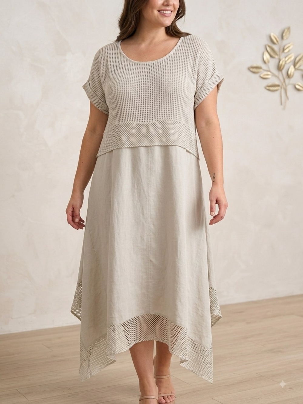 Linen Neutral Taupe High-Low Knit Overlay Dress Size L